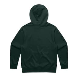 A dark green hoodie featuring a spacious hood and an unembellished back design.