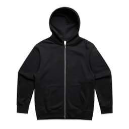 A black zip-up hoodie featuring a hood and front pockets, with a small logo on the chest.