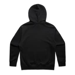 A black hoodie with a hood and long sleeves, featuring a plain back design and a logo.