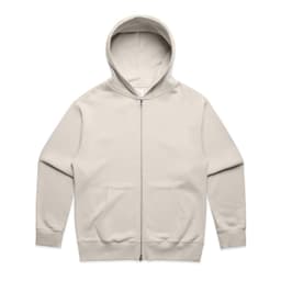 A beige zip-up hoodie featuring a front pocket and a hood, with a logo on the chest area.
