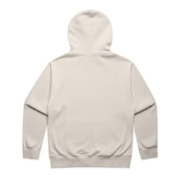 A light beige hoodie featuring a hood, long sleeves, and a plain back. It includes a logo.