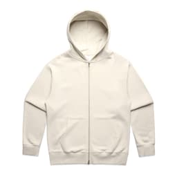 A cream-coloured zip-up hoodie with a hood and front pockets, featuring a logo.
