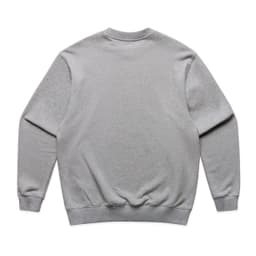 A grey jumper with a round neck and long sleeves, featuring a brand logo on the back.