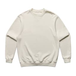 A beige jumper with a classic crew neckline and ribbed cuffs and hem. It features a small logo on the front.