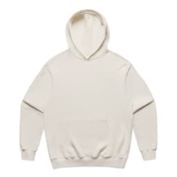 A cream-coloured hoodie with a front pocket and hood, featuring a logo.