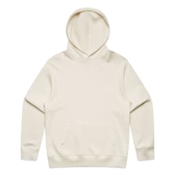 A cream-coloured hoodie with a front pocket and an adjustable hood. It features a branding logo.