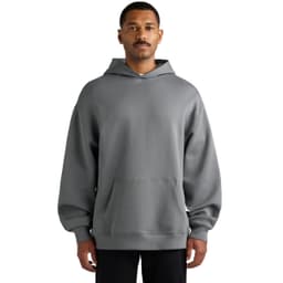 A hooded sweatshirt in grey, featuring a front pocket and relaxed fit, with a logo on one sleeve.