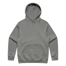 A grey hooded sweatshirt with a front pocket and a simple design. It features a logo.