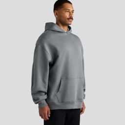 A grey hooded sweatshirt with a front pocket and a logo on the chest, displayed on a male model.