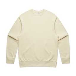 A beige jumper featuring a crew neck design and long sleeves, with a logo on the front.