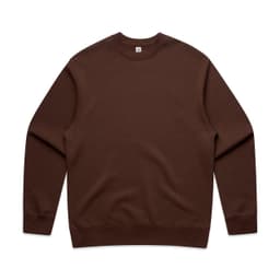 A brown sweater with long sleeves and a round neckline, featuring a logo on the inside label.
