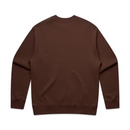 A brown sweater with long sleeves and a crew neckline. Features a plain back and includes a logo.