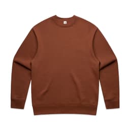A brown jumper with a classic crew neck design and long sleeves, featuring a logo on the neckline.