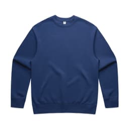 A navy blue sweater with long sleeves and a crew neckline, featuring a logo on the inside tag.