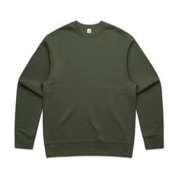 A green sweater with a crew neck and long sleeves, featuring a logo on the neckline.