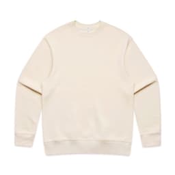 A cream-coloured jumper with a round neckline and long sleeves. It features a logo on the front.