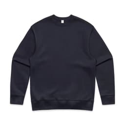 A navy jumper with a classic crew neck and long sleeves. It features a plain design and has a branding logo.