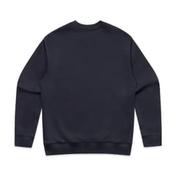 A navy jumper with long sleeves and a crew neckline. It features a logo on the back.