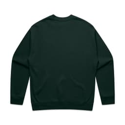 A dark green sweater with long sleeves and a crew neck, featuring a logo on the back.
