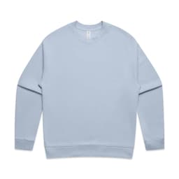 A light blue sweater featuring a round neckline and long sleeves, with a small logo on the label.