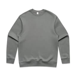 A grey jumper with a classic crew neckline and long sleeves. The garment has a smooth texture and features a logo.