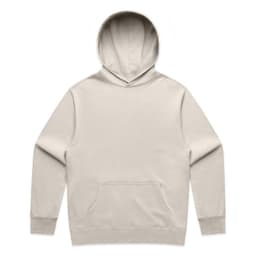 A beige hoodie with a front pocket and a large hood. The garment features a logo on the front.