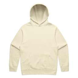 A cream-coloured hoodie with a front pocket and a hood, featuring a logo on the front.
