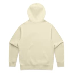 A beige hoodie with a large hood and long sleeves, featuring a plain back design and a small logo.
