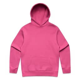 A pink hoodie with a front pocket and a drawstring hood. It features a logo on one side.