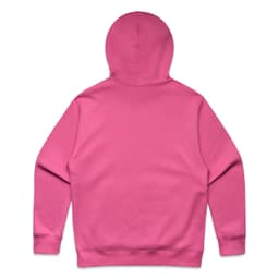 A pink hoodie featuring a hood and long sleeves, with a plain back and a subtle logo.