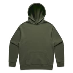 An olive green hoodie with a front pocket and a large hood, featuring a small logo.