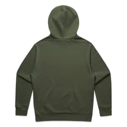 A green hoodie with a hood, featuring long sleeves and a plain back design. It includes a logo.