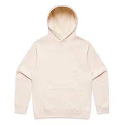 A cream-coloured hoodie featuring a front pocket and a hood. The hoodie includes a logo.