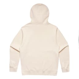 A beige hoodie with a kangaroo pocket and a hood, featuring a branding logo.