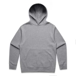 A grey hoodie featuring a front pocket and a drawstring hood. The back is plain and has a logo.