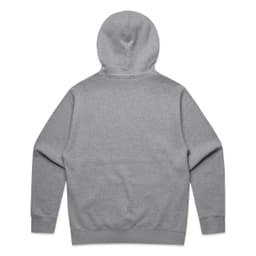 A grey hoodie featuring a large hood and long sleeves, with a plain back design. It has a logo.