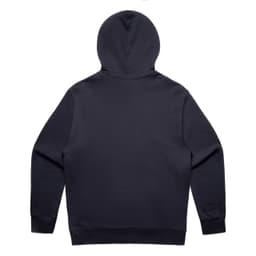 A navy blue hoodie featuring a large hood and long sleeves, with a plain back and logo.