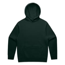 A dark green hoodie featuring a front pocket and a drawstring hood. It has a simple design and includes a logo.