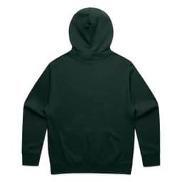 A dark green hoodie featuring a hood and long sleeves, with a plain back design. It has a logo on the back.