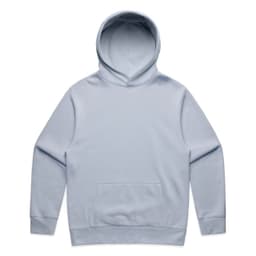 A light blue hoodie featuring a front pocket and a hood. It includes a logo but no visible text.