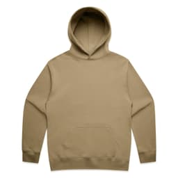 A beige hoodie with a front pocket and a drawstring hood, featuring a logo on the front.