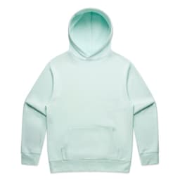 A mint green hoodie featuring a front pocket and a hood. The item has a simple design and includes branding.