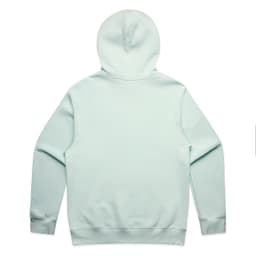 A light mint green hoodie with a kangaroo pocket and a hood at the back, featuring a logo.