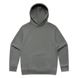 A grey hoodie with a front pocket and a hood. It features a branding logo.