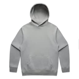 A grey hoodie with a front pocket and a hood, featuring a logo on one side.