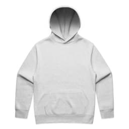 A light grey hoodie featuring a large front pocket and a classic hood design. It has a logo on the front.