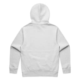 A grey hoodie with a drawstring hood and long sleeves, featuring a plain back design and a logo.