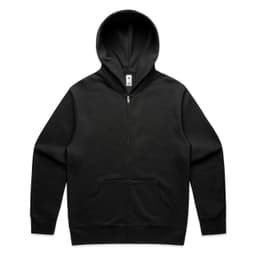 A black zip-up hoodie featuring a front pocket and a hood. It has a logo on the label.
