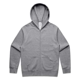 A grey zip-up hoodie with a front pocket and a hood, featuring a logo on the label.