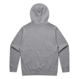 A grey hoodie with a hood and long sleeves, featuring a back view and a logo.